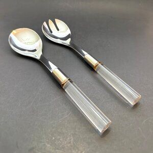 VTG 80s Mikasa Prisma Salad Spoon Fork Serving Set Clear Acrylic Stainless Japan